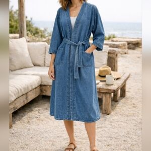 Vintage Arizona Jean Company Denim Wrap Coat Belted Chore Jacket Duster One Size